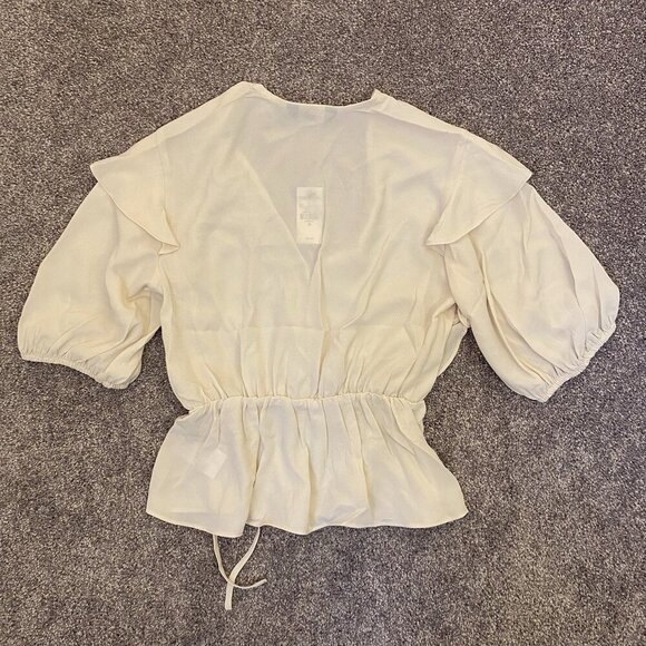 Express Women's Faux Wrap Puff Sleeve Peplum Top Sandshell Size XS - NWT $54 - Picture 13 of 16